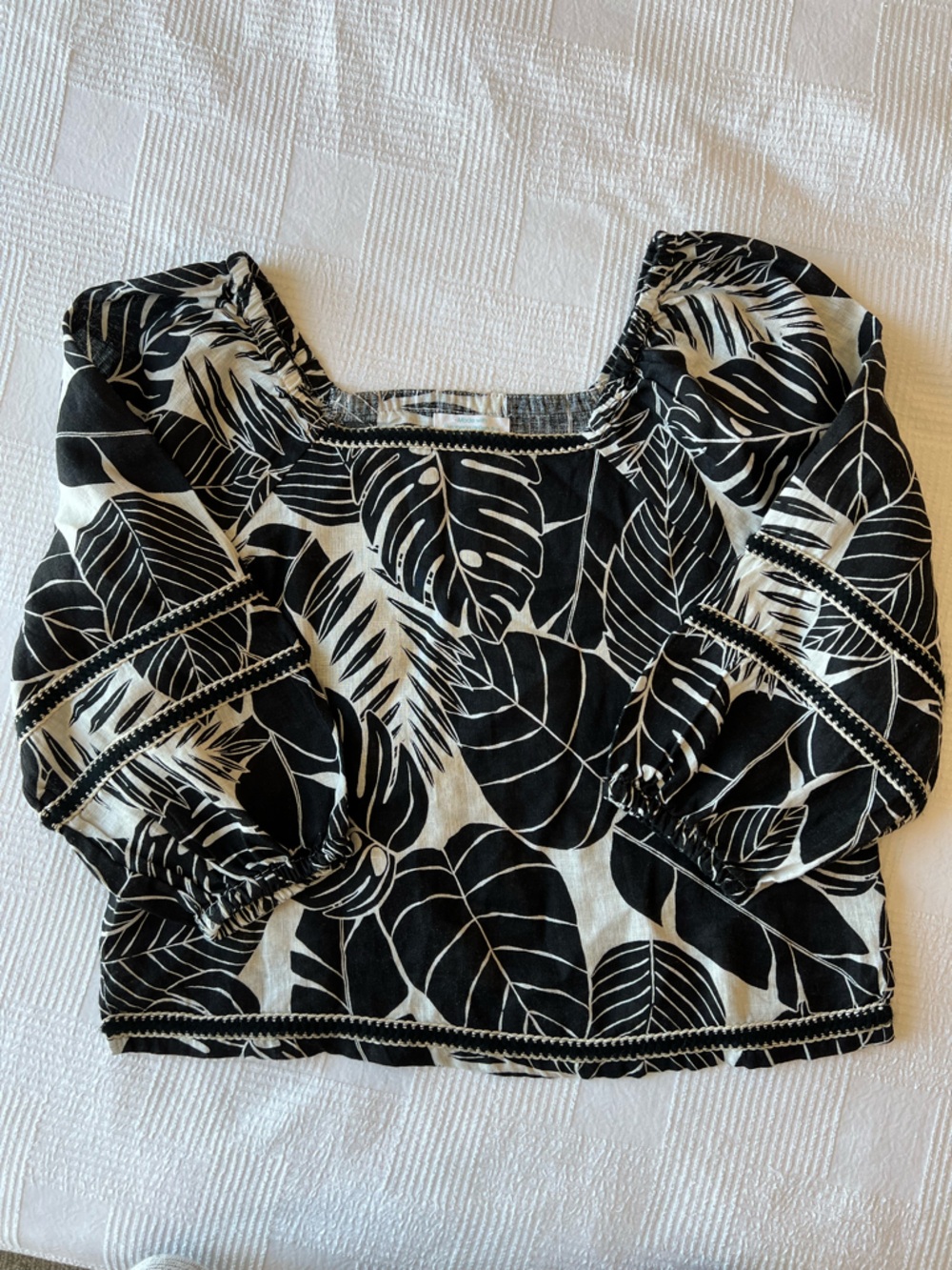 Cynthia Rowley Linen Black and Cream Leaf-Print Square-Neck Top